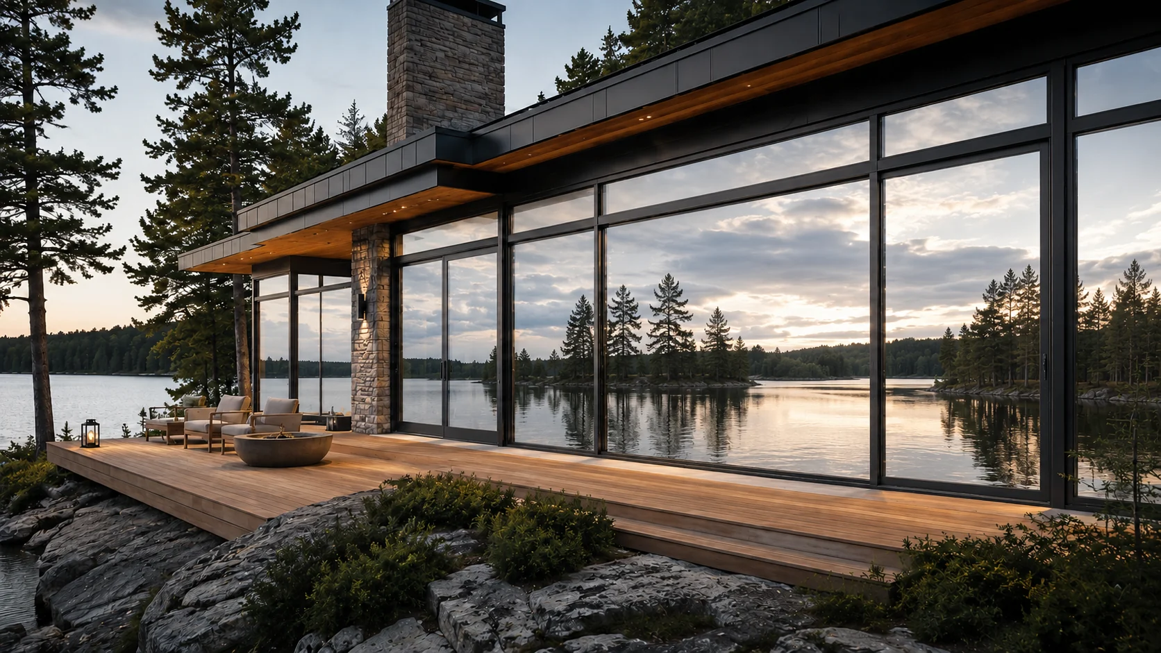 Illustration d’un chalet aux grandes fenêtres donnant sur un lac