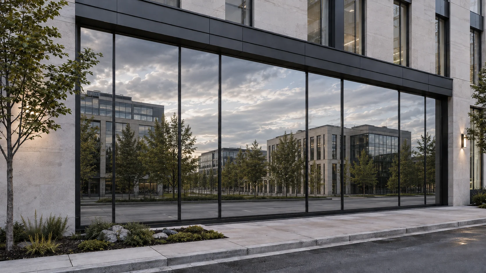 Illustration d’une façade commerciale aux grandes vitrines réfléchissantes